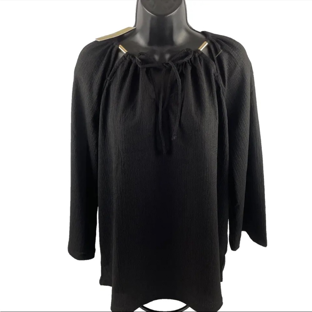 Michael Kors Women's Shirt M Peasant Top Blouse‎ Black Goldtone Charm $110 NWT